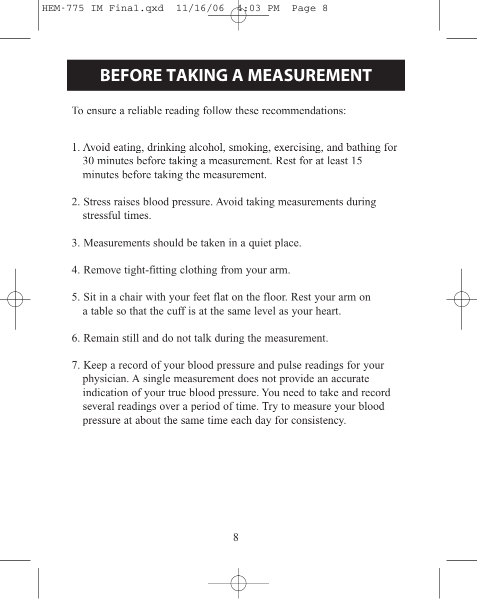 Before taking a measurement | Omron Healthcare HEM-775 User Manual | Page 8 / 104