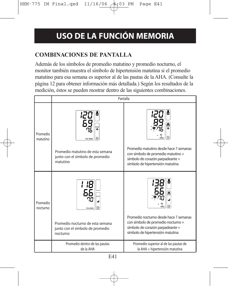 Combinaciones de pantalla | Omron Healthcare HEM-775 User Manual | Page 93 / 104