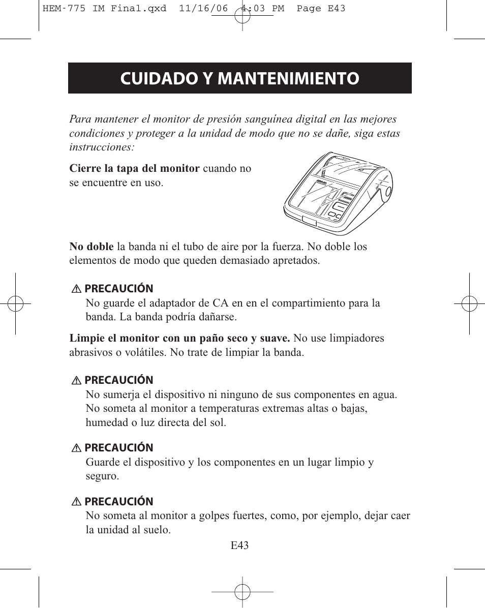 Cuidado y mantenimiento | Omron Healthcare HEM-775 User Manual | Page 95 / 104