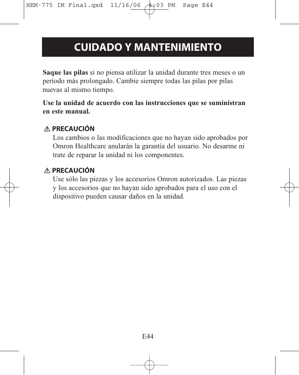 Cuidado y mantenimiento | Omron Healthcare HEM-775 User Manual | Page 96 / 104