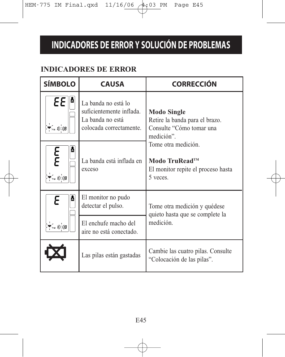 Indicadores de error y solución de problemas | Omron Healthcare HEM-775 User Manual | Page 97 / 104