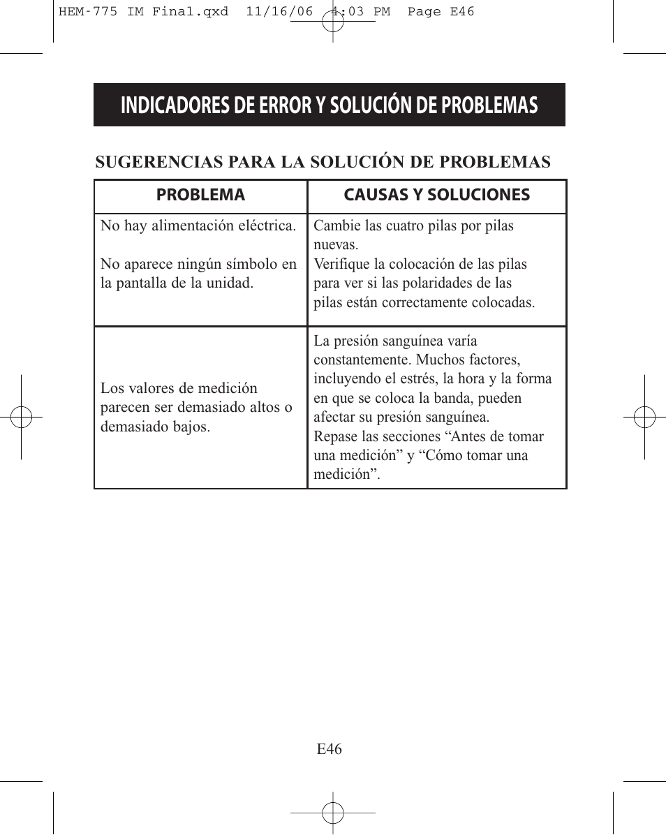 Indicadores de error y solución de problemas | Omron Healthcare HEM-775 User Manual | Page 98 / 104