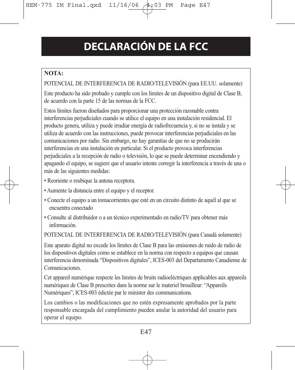 Declaración de la fcc | Omron Healthcare HEM-775 User Manual | Page 99 / 104