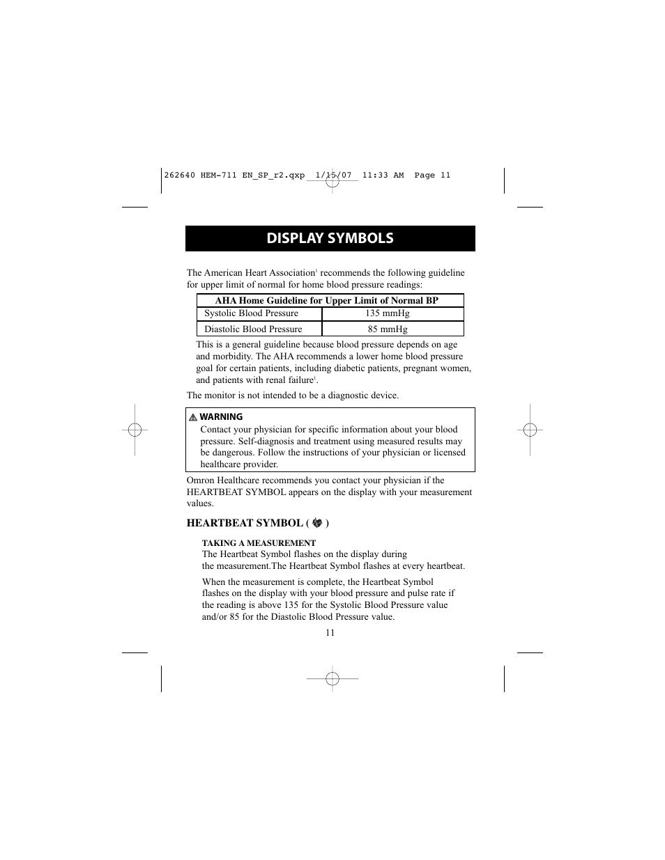 Display symbols | Omron Healthcare HEM-711DLX User Manual | Page 11 / 72