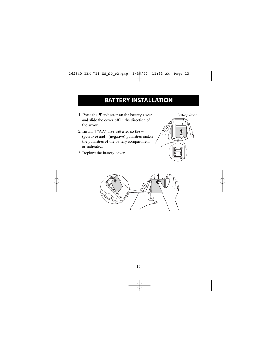 Battery installation | Omron Healthcare HEM-711DLX User Manual | Page 13 / 72
