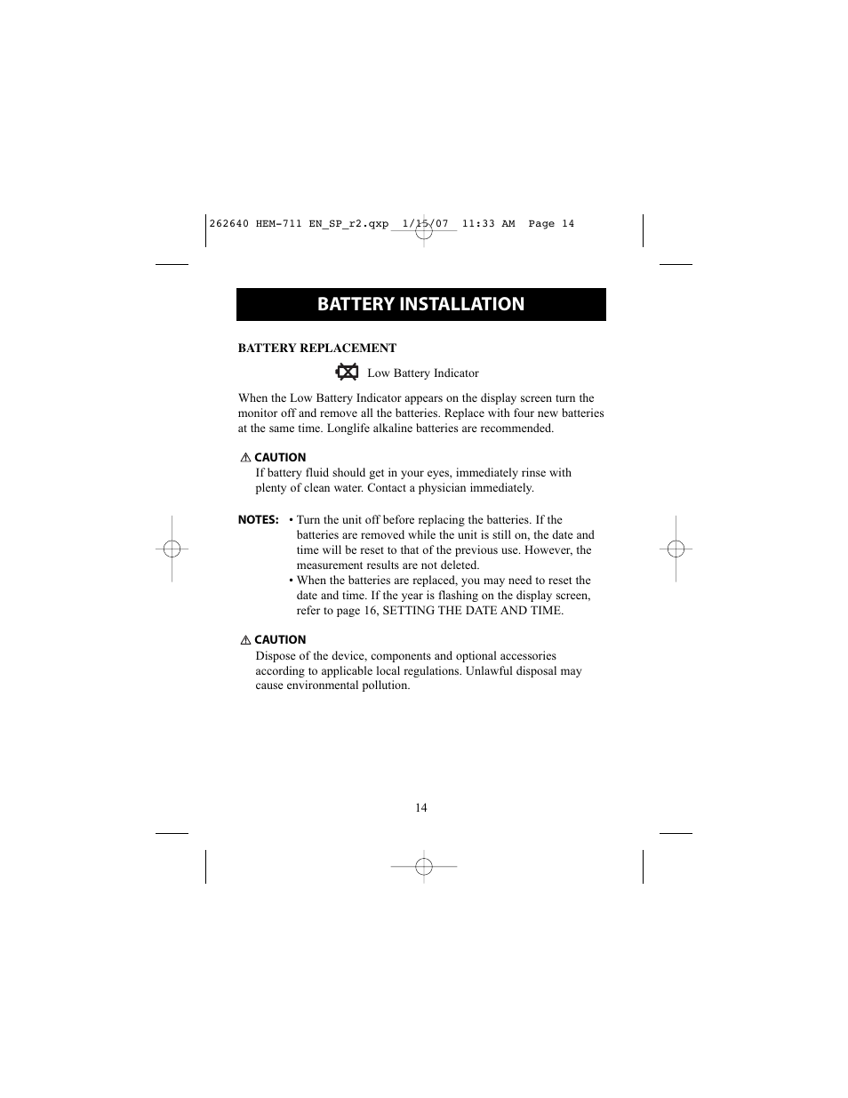 Battery installation | Omron Healthcare HEM-711DLX User Manual | Page 14 / 72