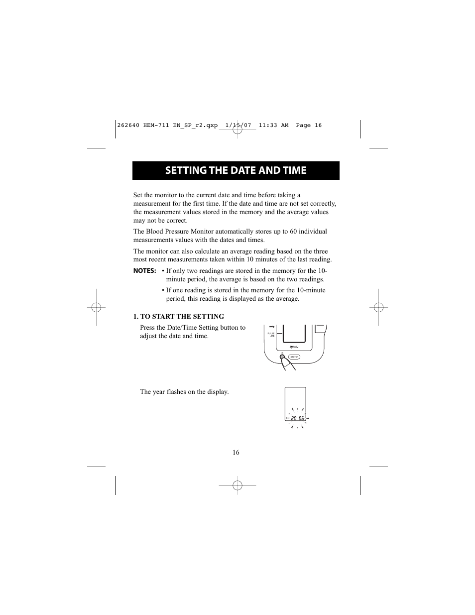 Setting the date and time | Omron Healthcare HEM-711DLX User Manual | Page 16 / 72