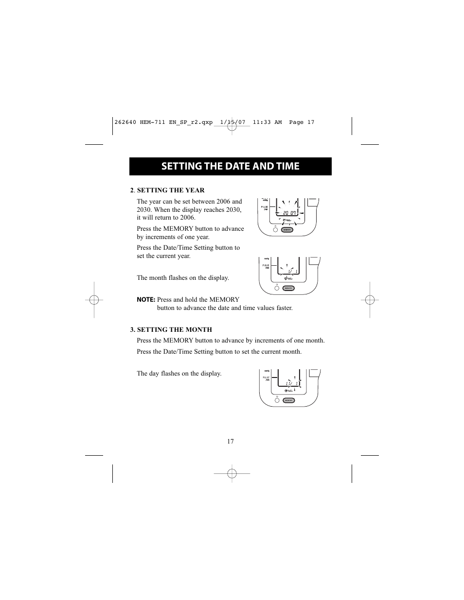 Setting the date and time | Omron Healthcare HEM-711DLX User Manual | Page 17 / 72