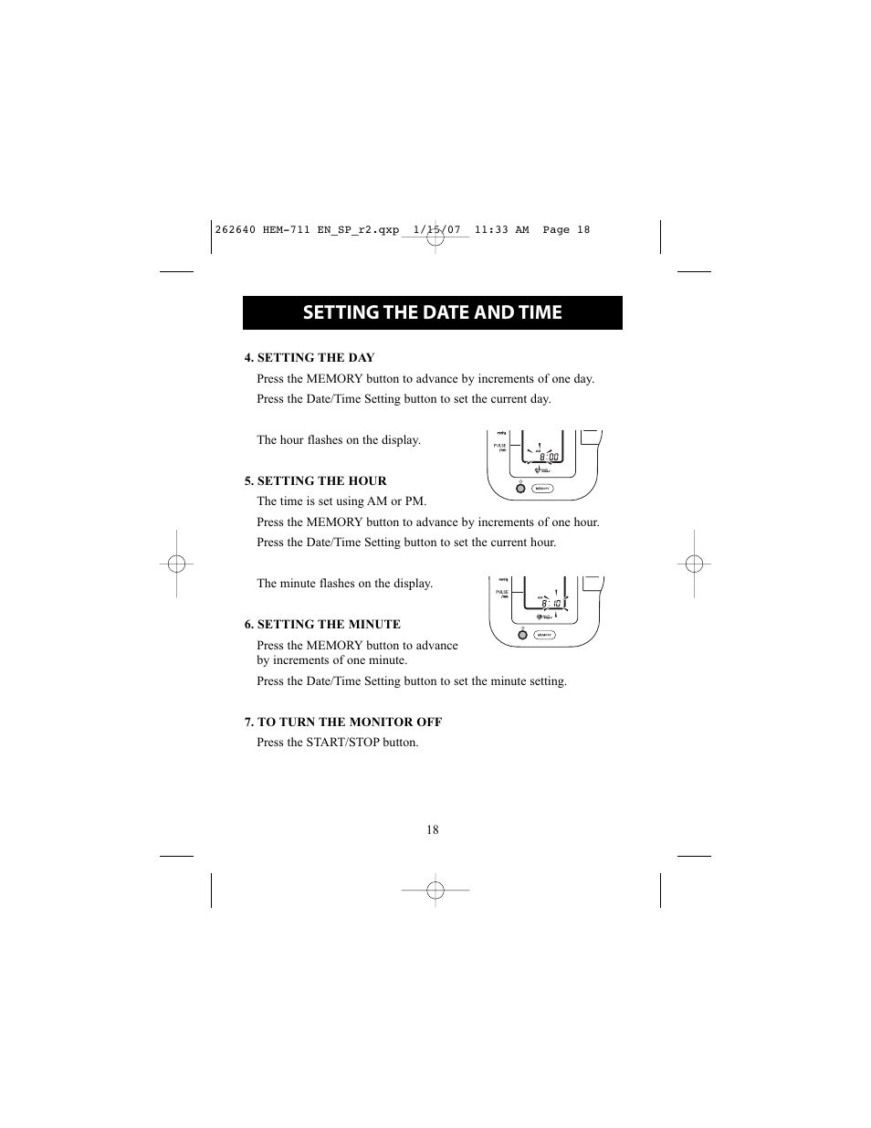 Setting the date and time | Omron Healthcare HEM-711DLX User Manual | Page 18 / 72