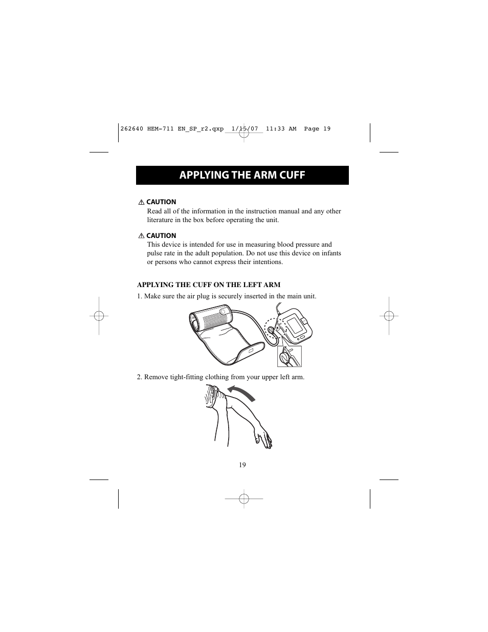 Applying the arm cuff | Omron Healthcare HEM-711DLX User Manual | Page 19 / 72