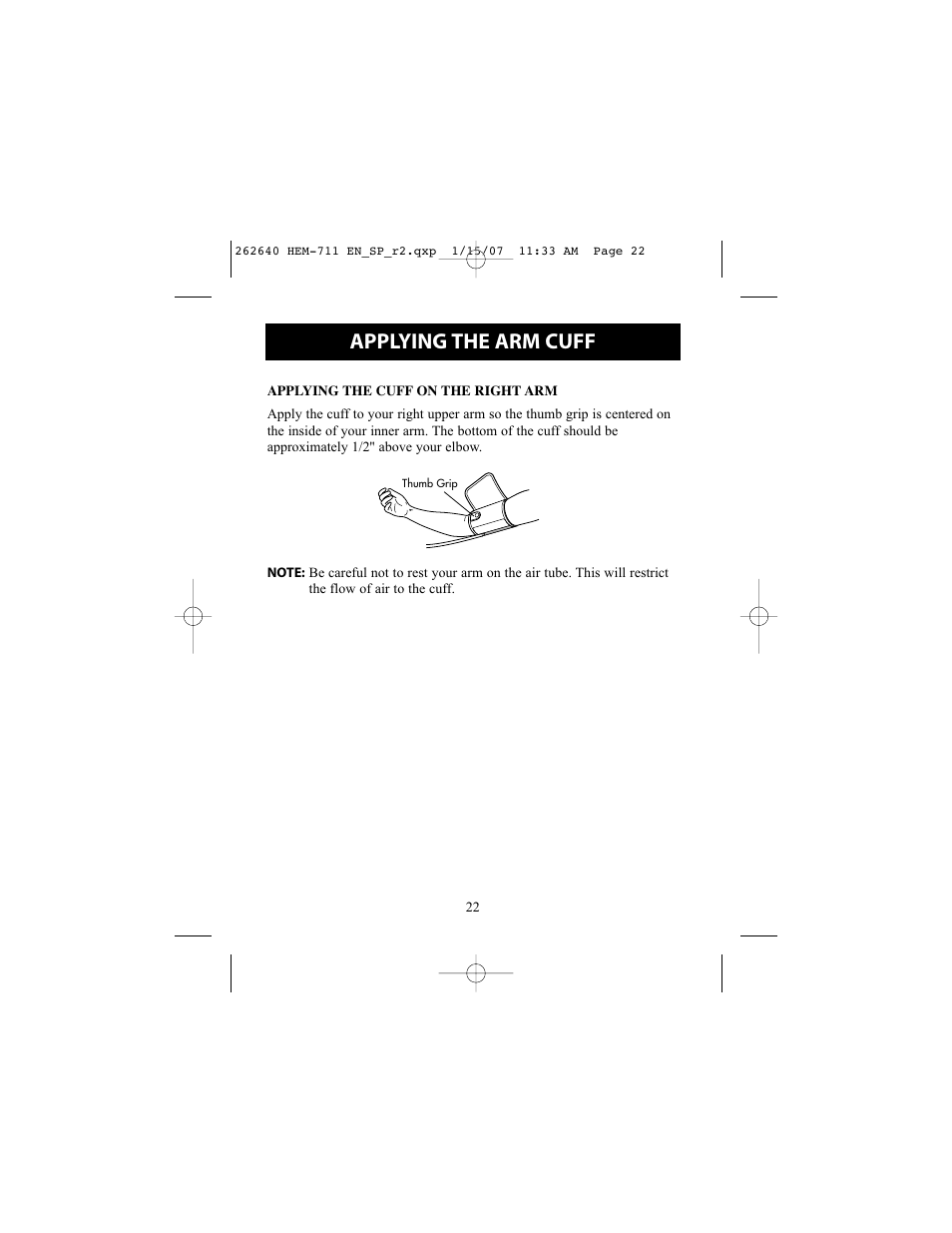 Applying the arm cuff | Omron Healthcare HEM-711DLX User Manual | Page 22 / 72