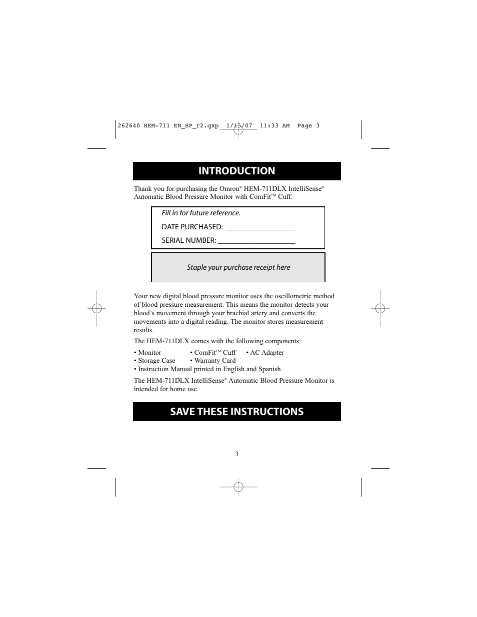 Introduction, Save these instructions, Before using the unit | Omron Healthcare HEM-711DLX User Manual | Page 3 / 72