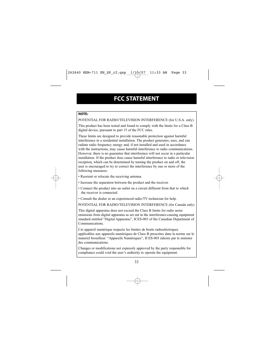 Fcc statement | Omron Healthcare HEM-711DLX User Manual | Page 33 / 72