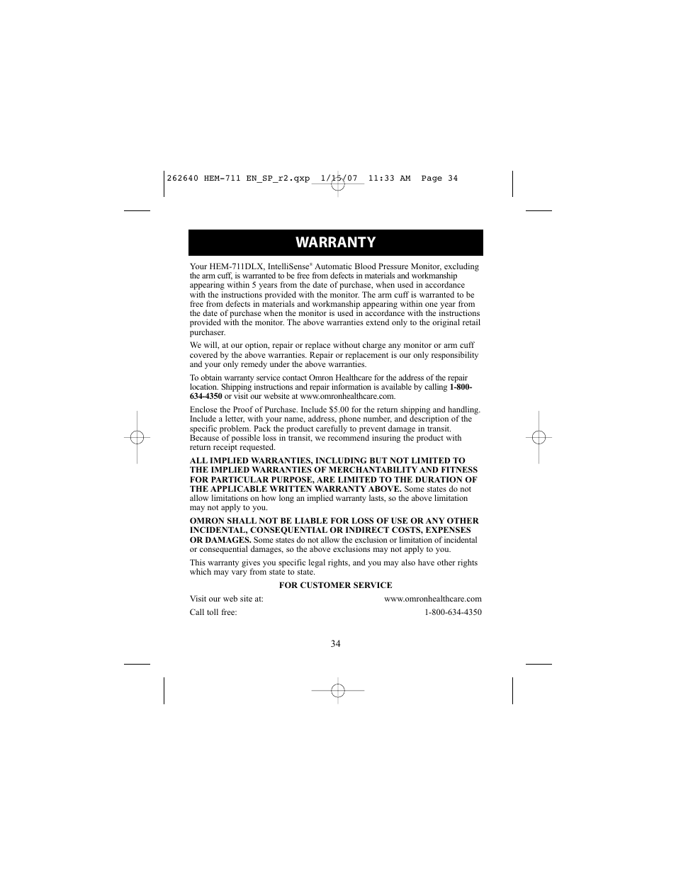 Warranty | Omron Healthcare HEM-711DLX User Manual | Page 34 / 72