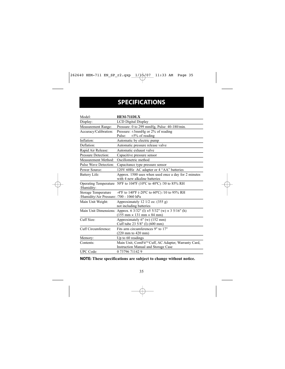Specifications | Omron Healthcare HEM-711DLX User Manual | Page 35 / 72