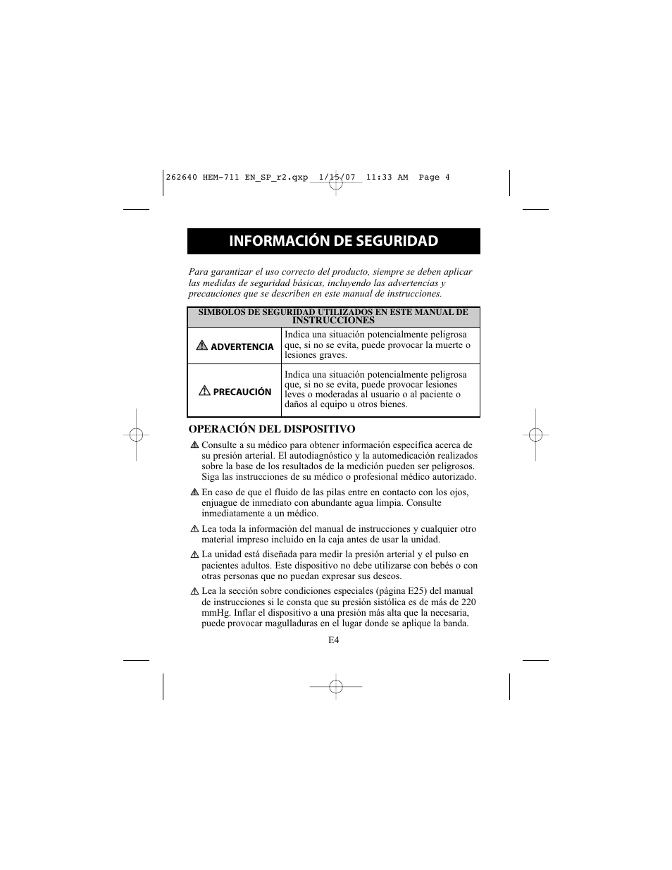 Información de seguridad | Omron Healthcare HEM-711DLX User Manual | Page 40 / 72