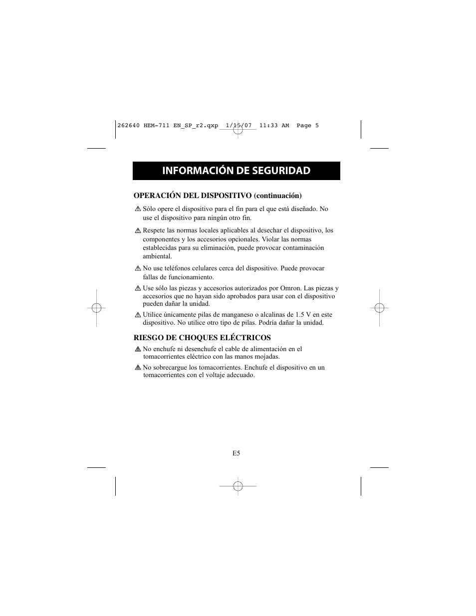 Información de seguridad | Omron Healthcare HEM-711DLX User Manual | Page 41 / 72