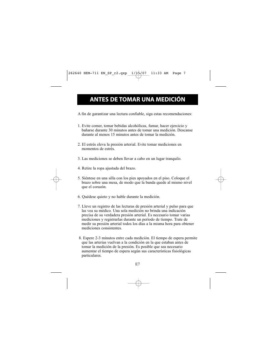 Antes de tomar una medición | Omron Healthcare HEM-711DLX User Manual | Page 43 / 72