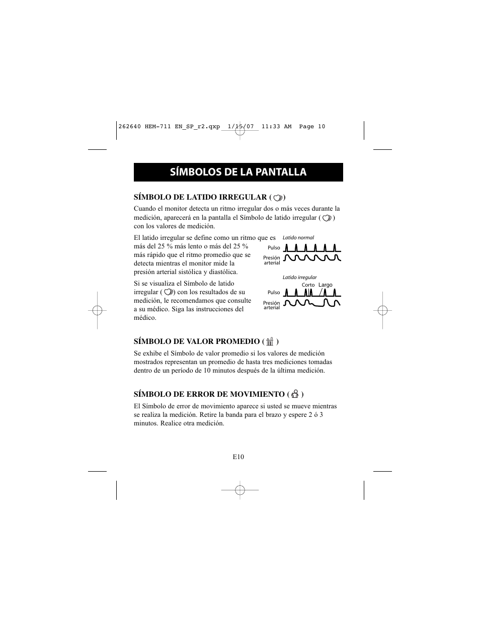 Símbolos de la pantalla | Omron Healthcare HEM-711DLX User Manual | Page 46 / 72
