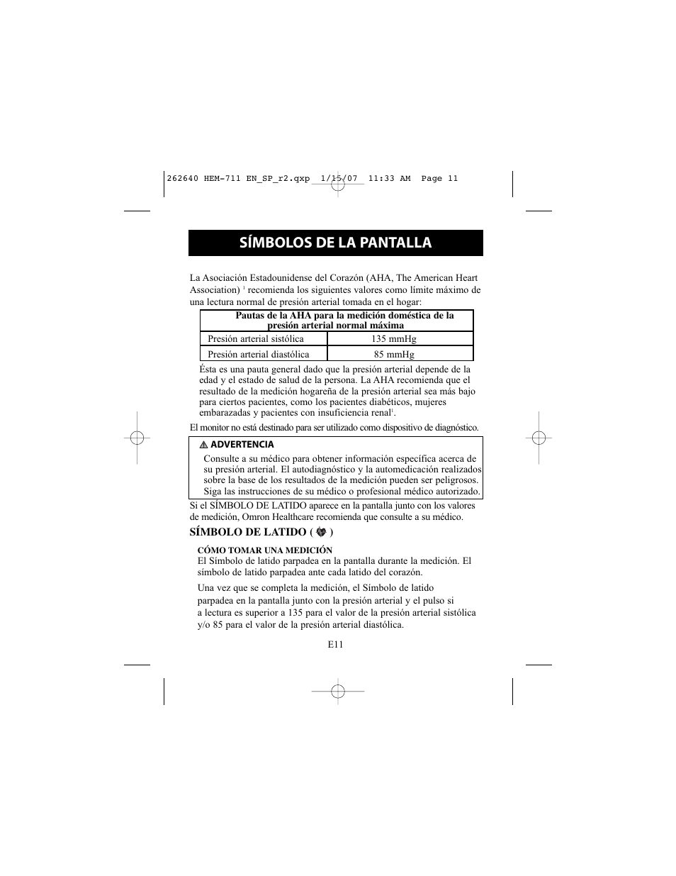 Símbolos de la pantalla | Omron Healthcare HEM-711DLX User Manual | Page 47 / 72