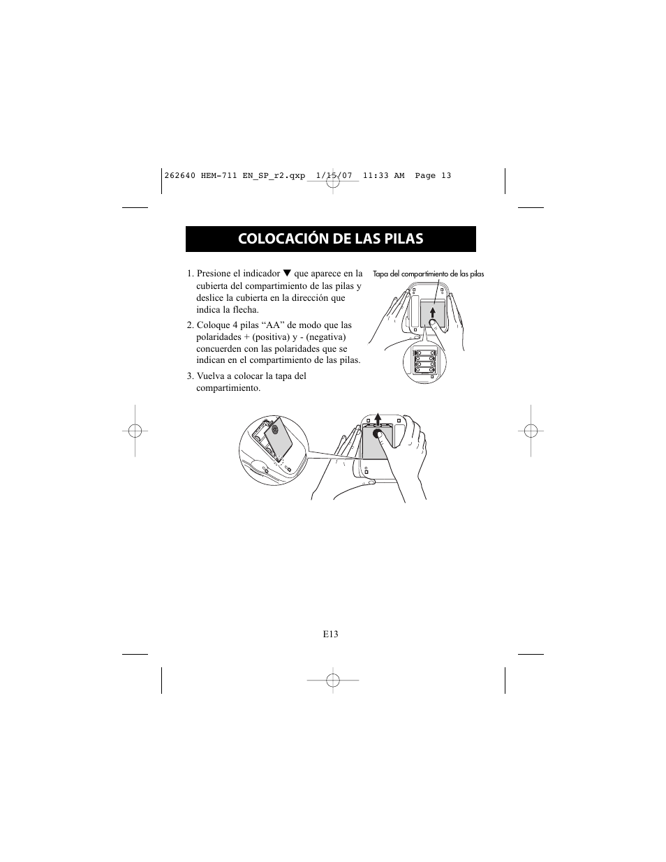 Colocación de las pilas | Omron Healthcare HEM-711DLX User Manual | Page 49 / 72
