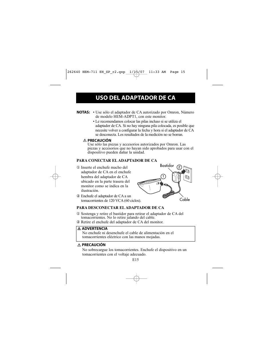 Uso del adaptador de ca | Omron Healthcare HEM-711DLX User Manual | Page 51 / 72
