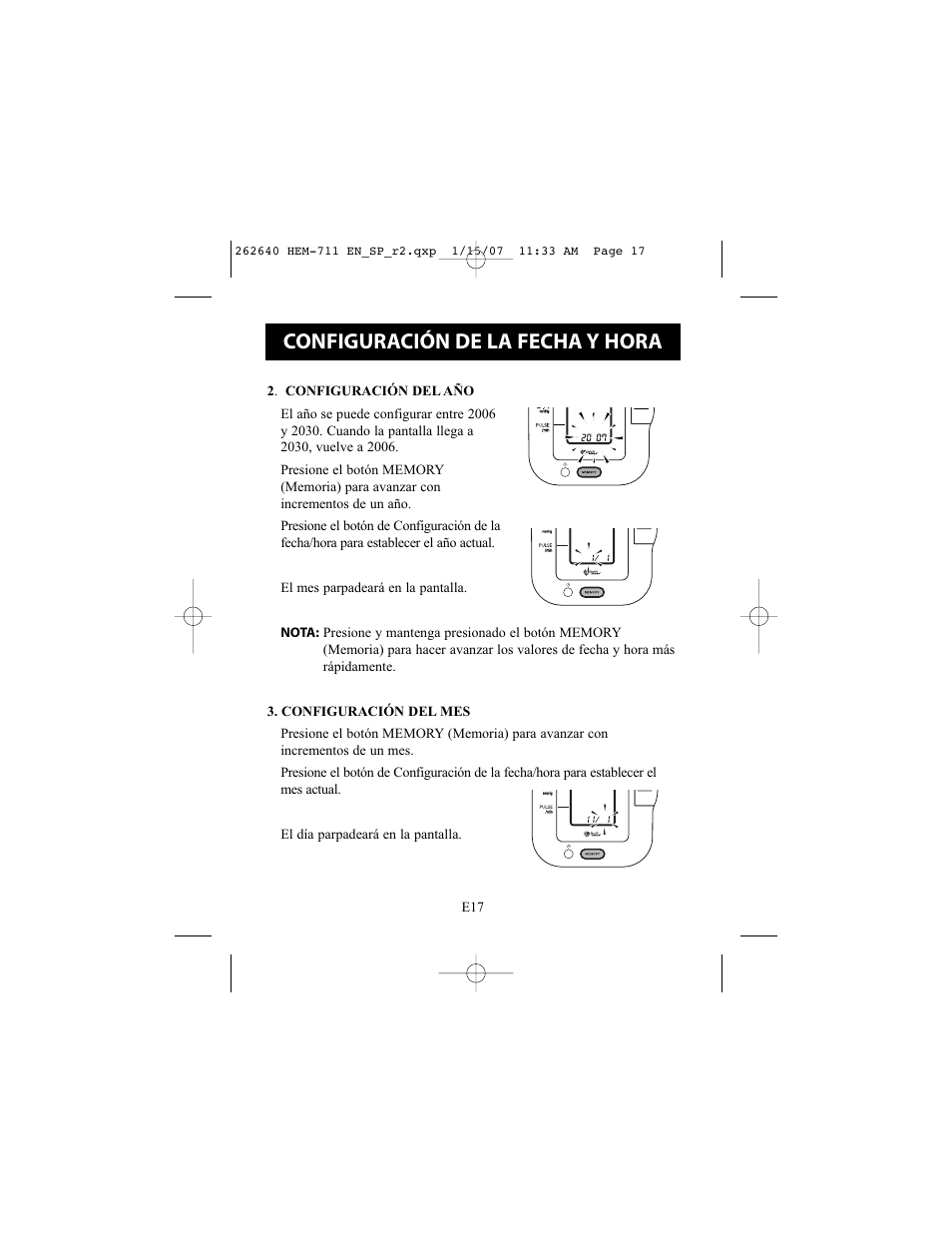 Configuración de la fecha y hora | Omron Healthcare HEM-711DLX User Manual | Page 53 / 72