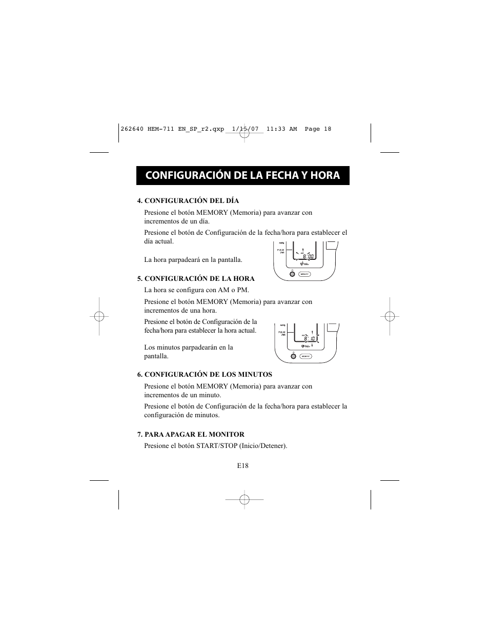 Configuración de la fecha y hora | Omron Healthcare HEM-711DLX User Manual | Page 54 / 72