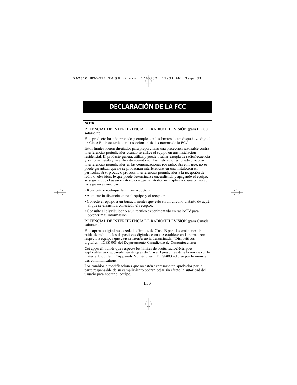 Declaración de la fcc | Omron Healthcare HEM-711DLX User Manual | Page 69 / 72