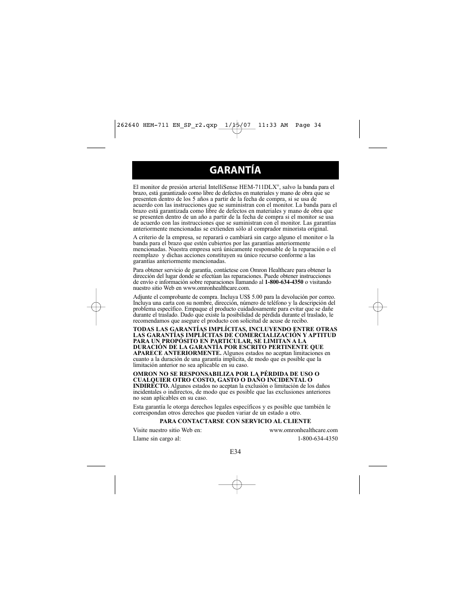 Garantía | Omron Healthcare HEM-711DLX User Manual | Page 70 / 72