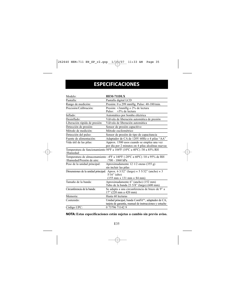 Especificaciones | Omron Healthcare HEM-711DLX User Manual | Page 71 / 72