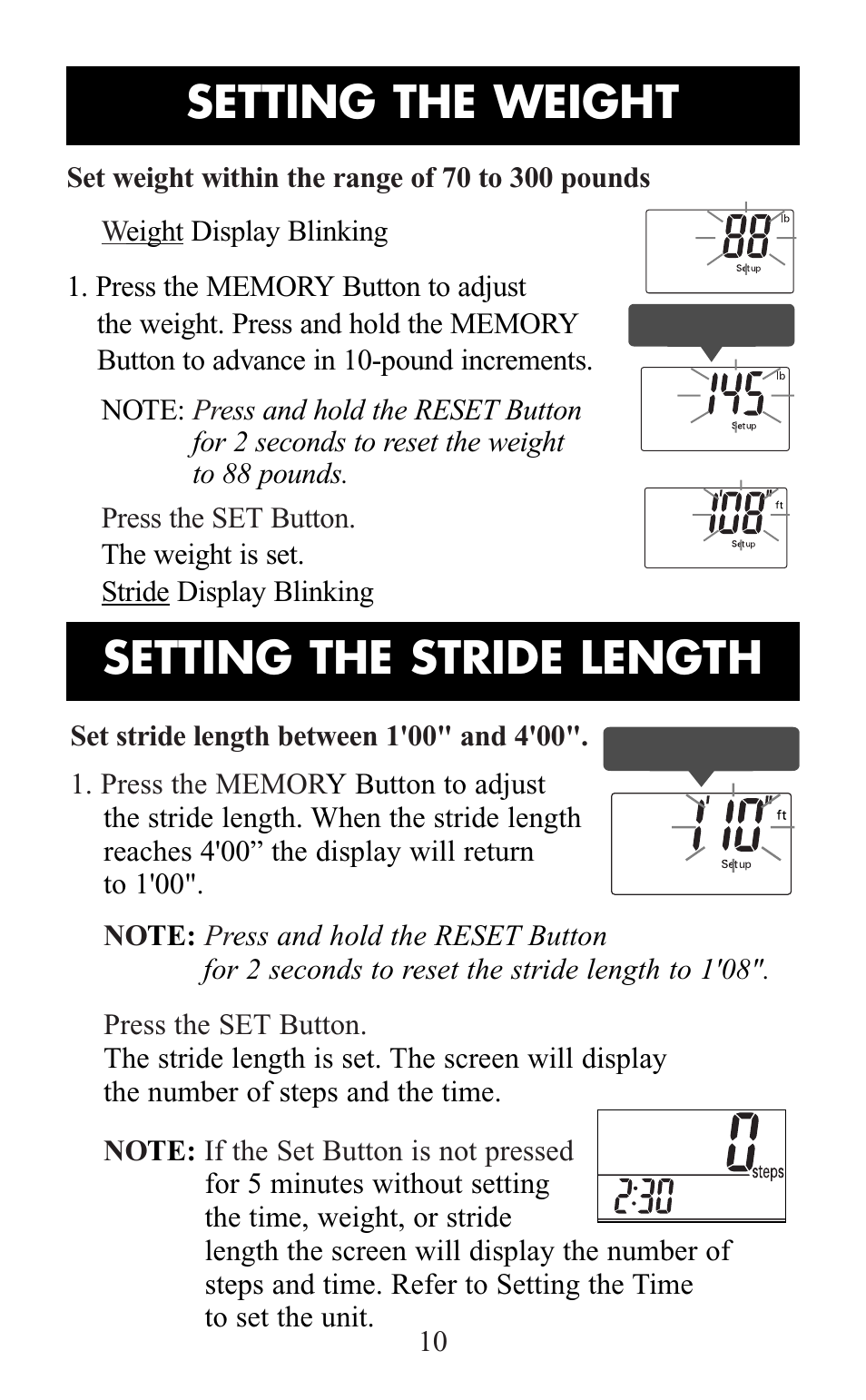 Setting the weight, Setting the stride length | Omron Healthcare HJ-105 User Manual | Page 10 / 20