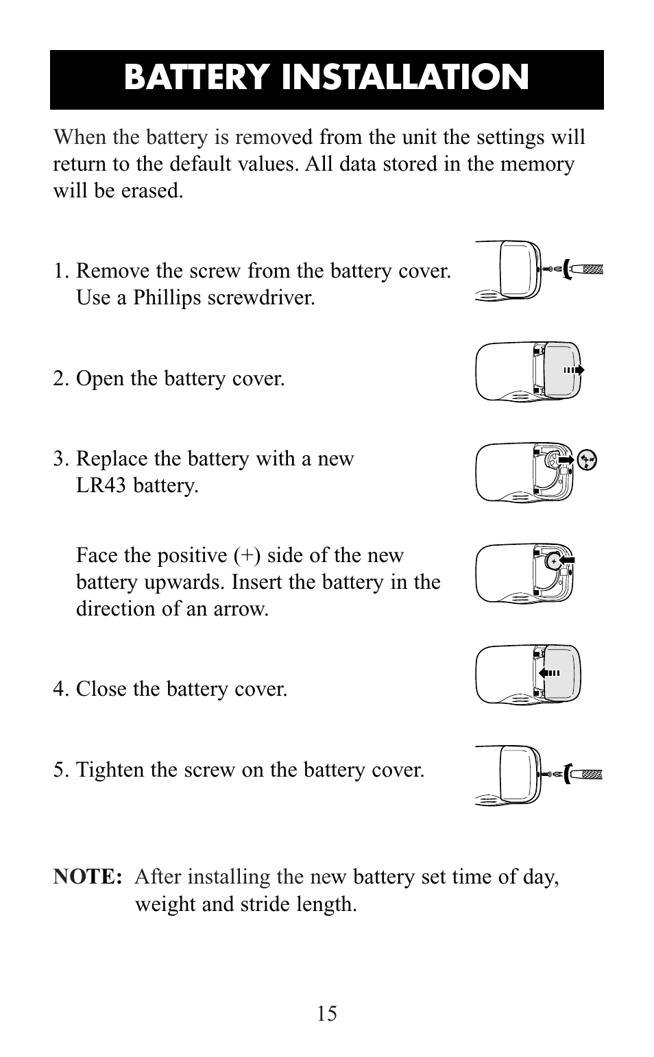 Ba ttery installation | Omron Healthcare HJ-105 User Manual | Page 15 / 20