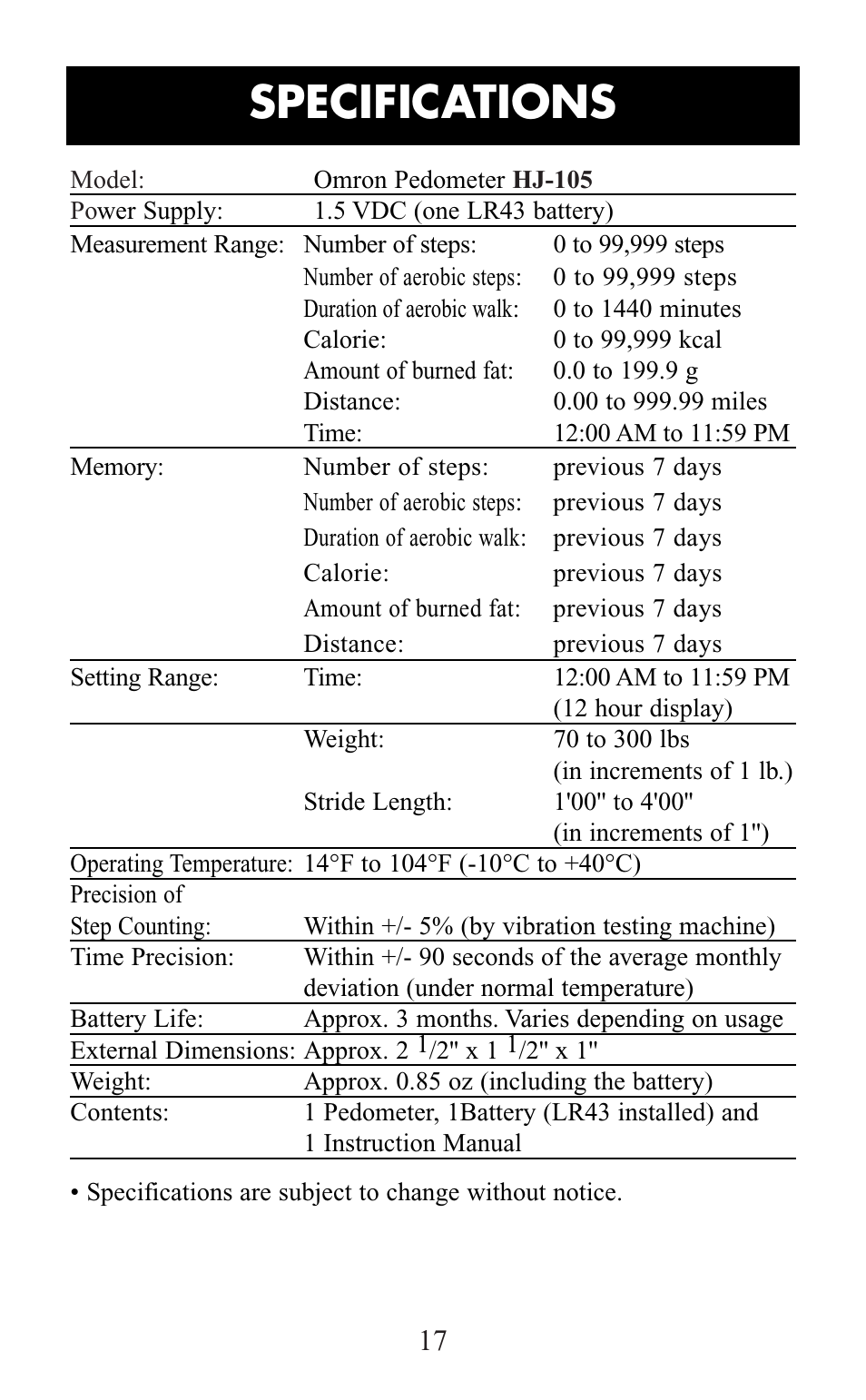 Specifica tions | Omron Healthcare HJ-105 User Manual | Page 17 / 20