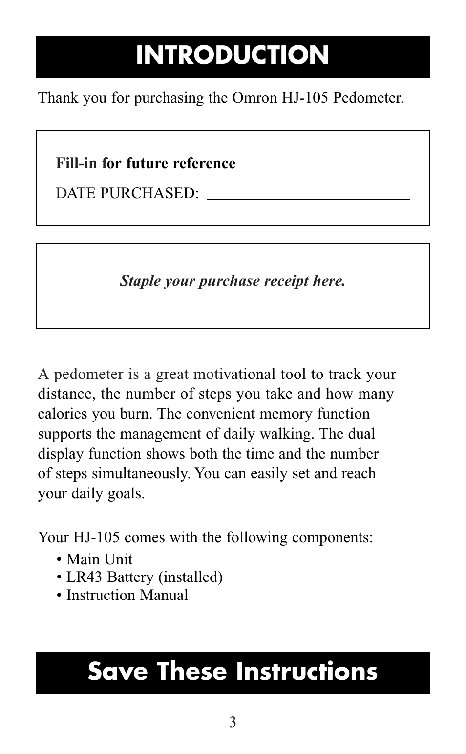 Introduction, Save these instructions | Omron Healthcare HJ-105 User Manual | Page 3 / 20