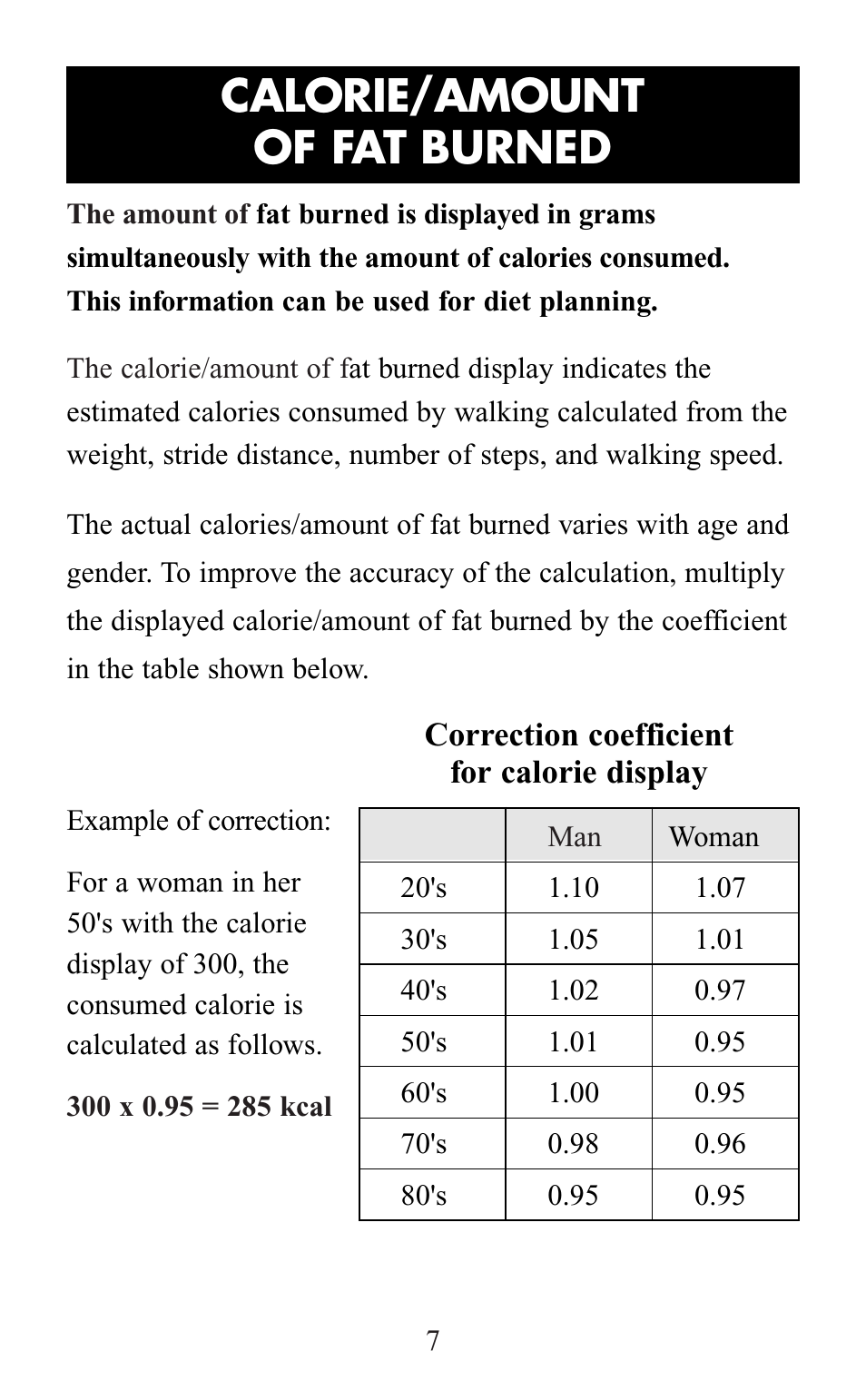 Calorie/amount of burned fat, Calorie/amount of fat burned | Omron Healthcare HJ-105 User Manual | Page 7 / 20