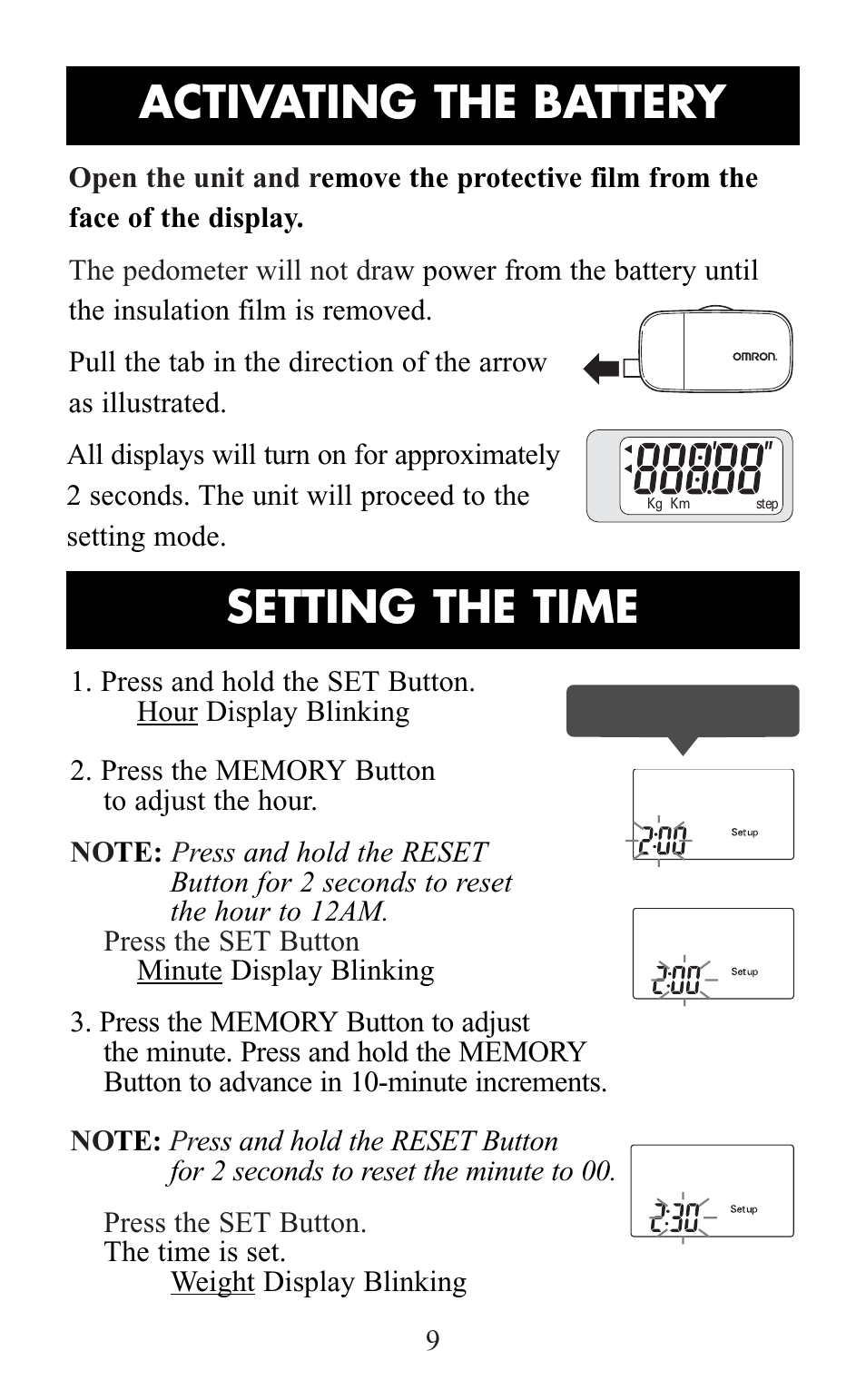 Activ ating the battery, Setting the time | Omron Healthcare HJ-105 User Manual | Page 9 / 20