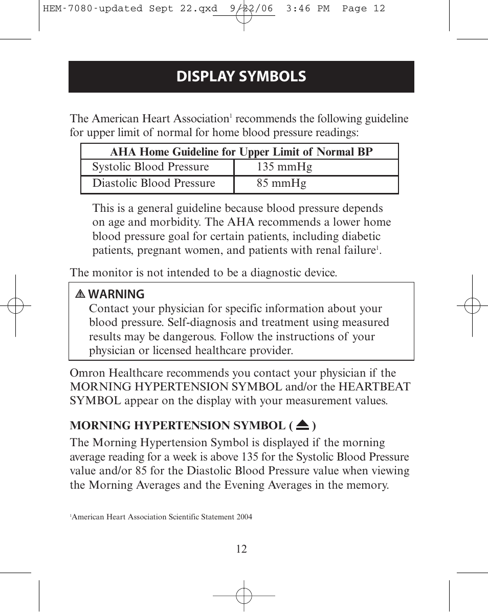 Morning hypertension symbol, Display symbols, Warning | Omron Healthcare COMFIT HEM-780 User Manual | Page 12 / 52