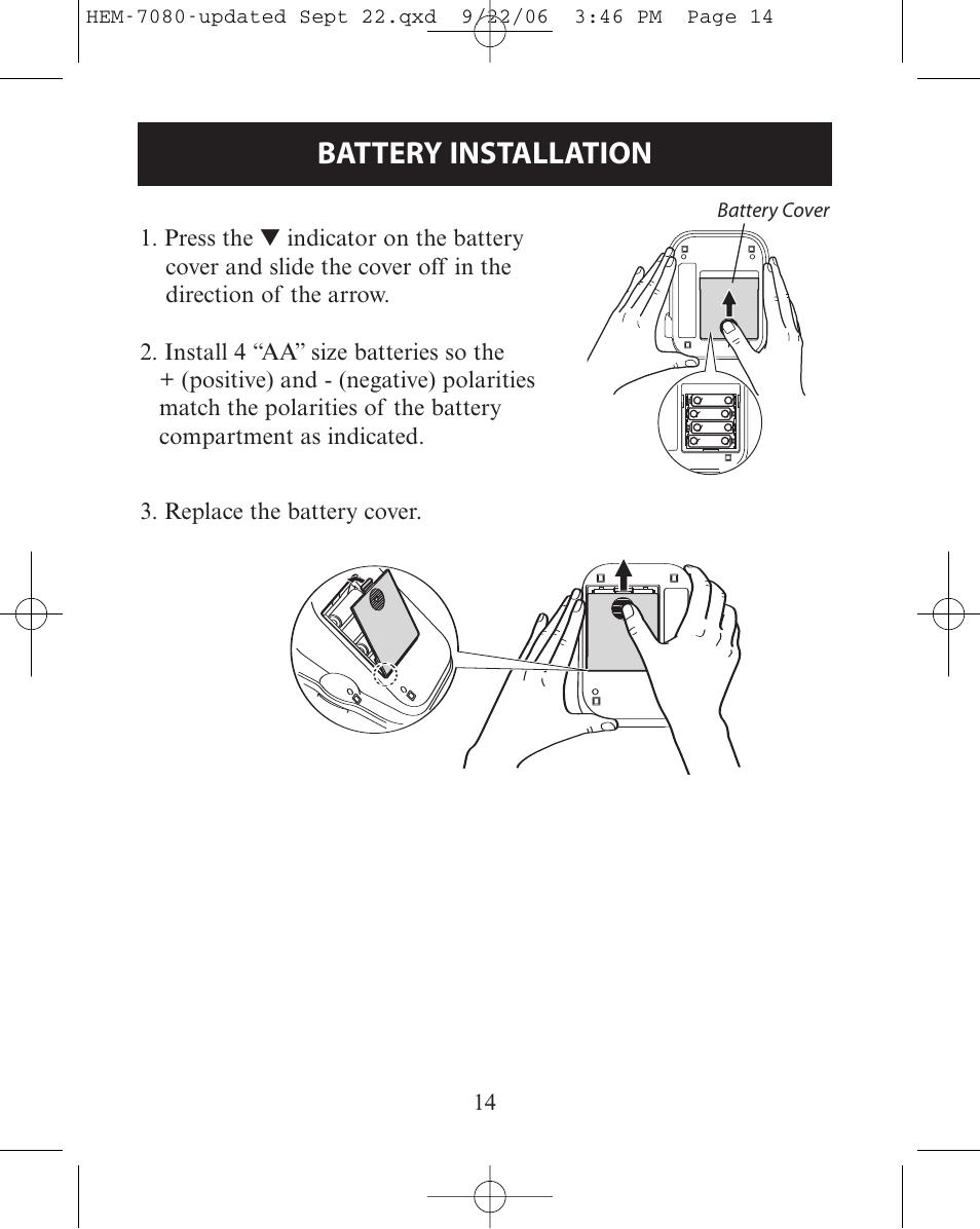 Battery installation | Omron Healthcare COMFIT HEM-780 User Manual | Page 14 / 52