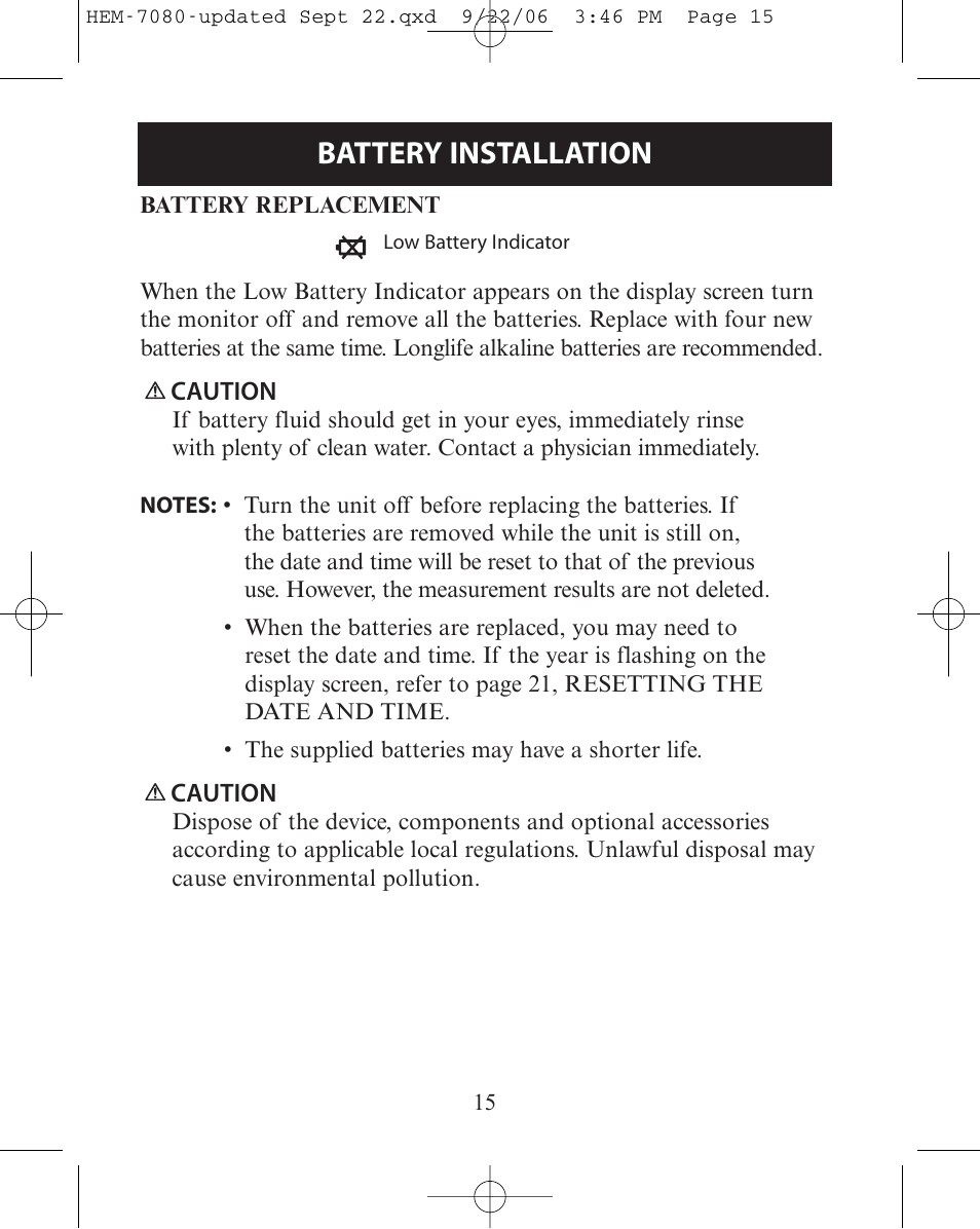 Battery installation | Omron Healthcare COMFIT HEM-780 User Manual | Page 15 / 52