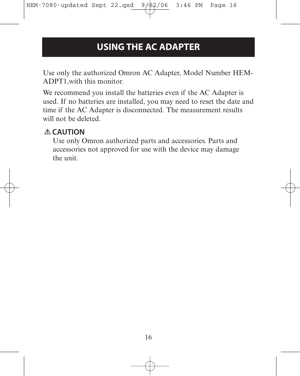 Using the ac adapter | Omron Healthcare COMFIT HEM-780 User Manual | Page 16 / 52