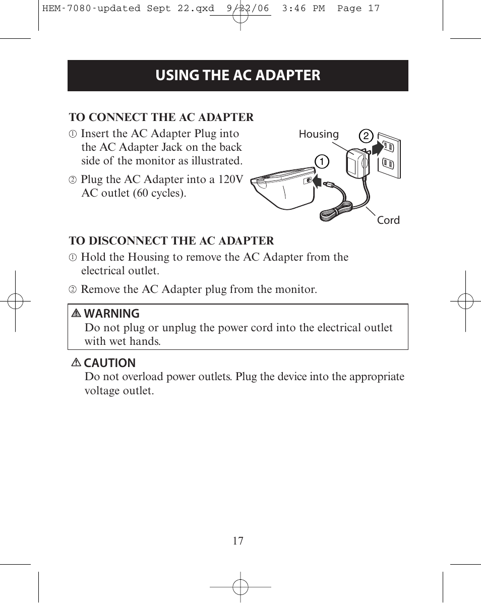 Using the ac adapter, Warning, Caution | Omron Healthcare COMFIT HEM-780 User Manual | Page 17 / 52