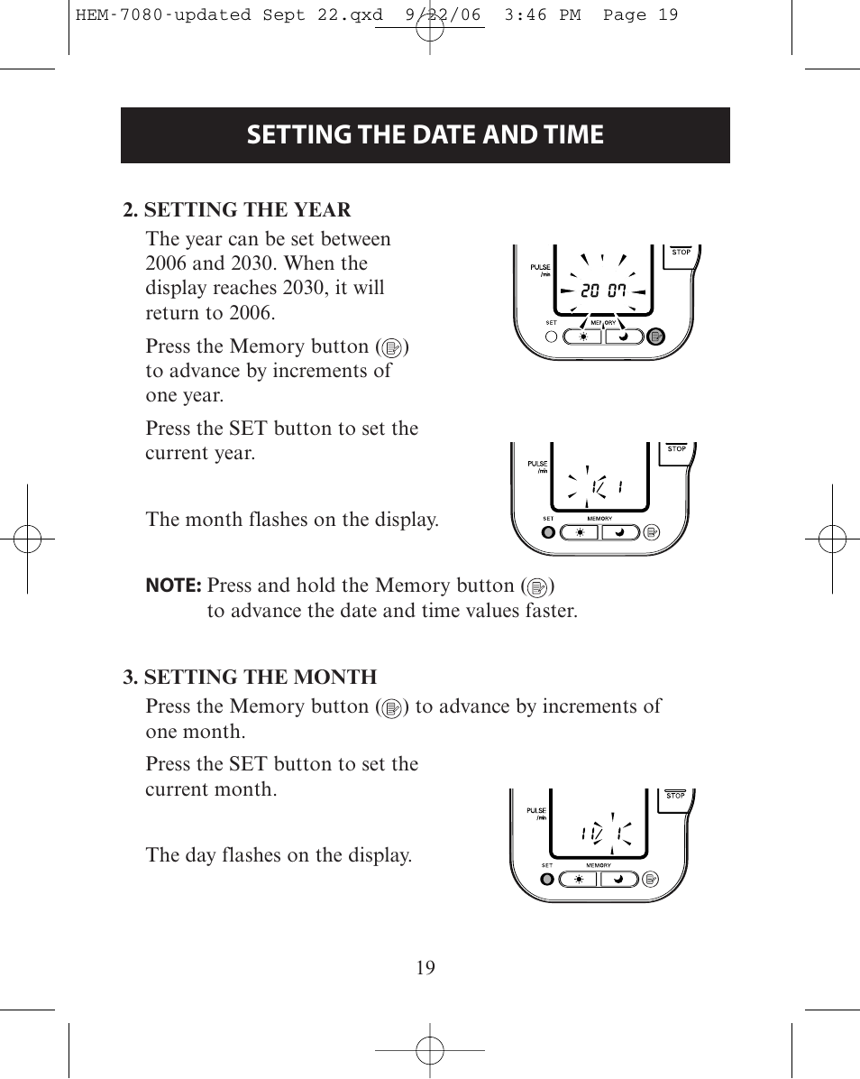 Setting the date and time | Omron Healthcare COMFIT HEM-780 User Manual | Page 19 / 52