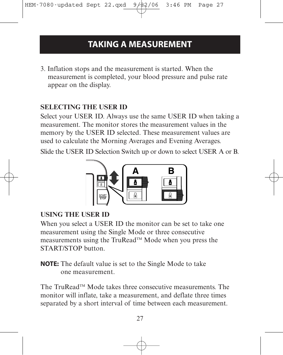 Selecting the user id, Using the user id, Selecting the user id using the user id | Taking a measurement | Omron Healthcare COMFIT HEM-780 User Manual | Page 27 / 52