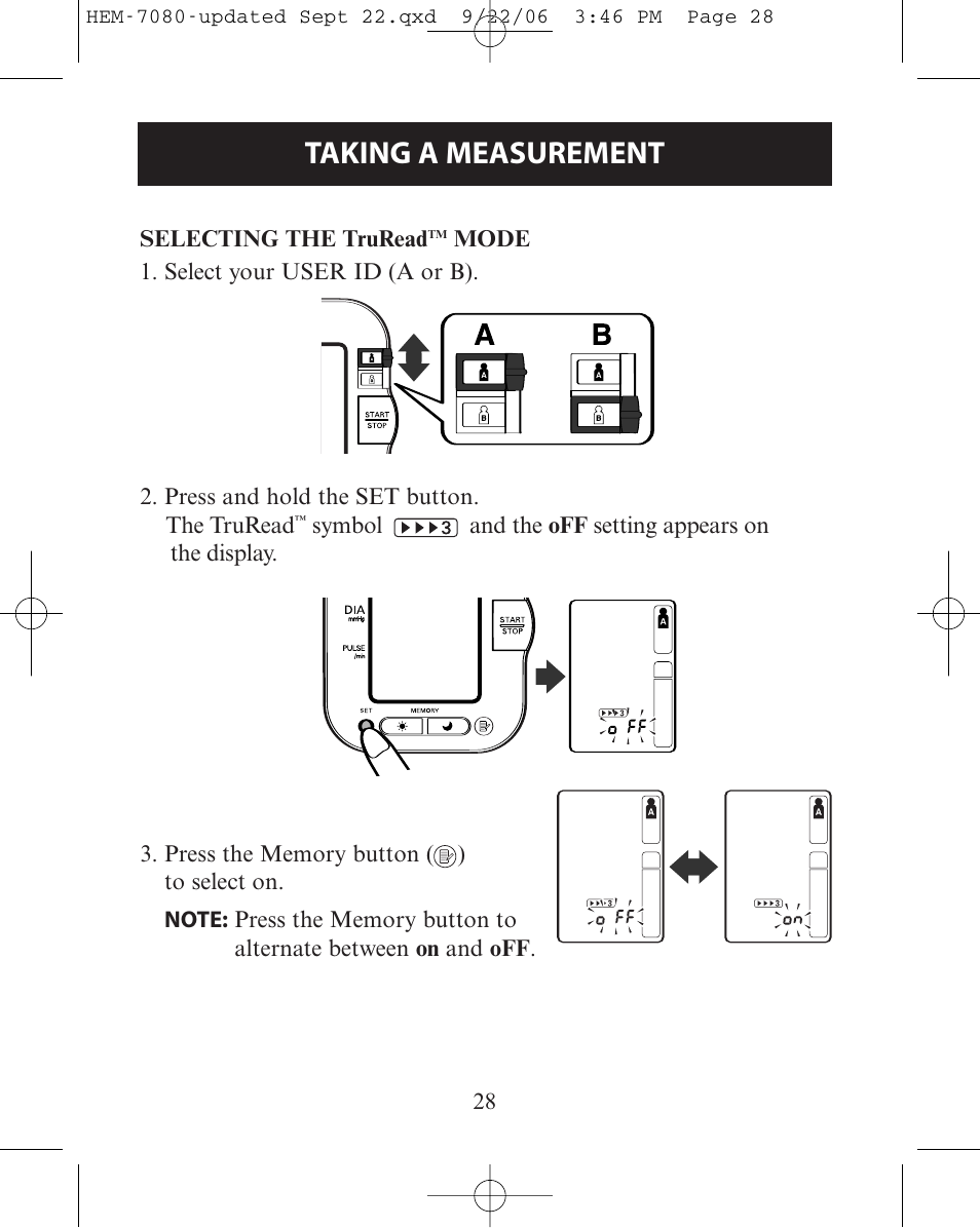 Selecting the truread™ mode, Selecting the truread, Mode | Taking a measurement | Omron Healthcare COMFIT HEM-780 User Manual | Page 28 / 52