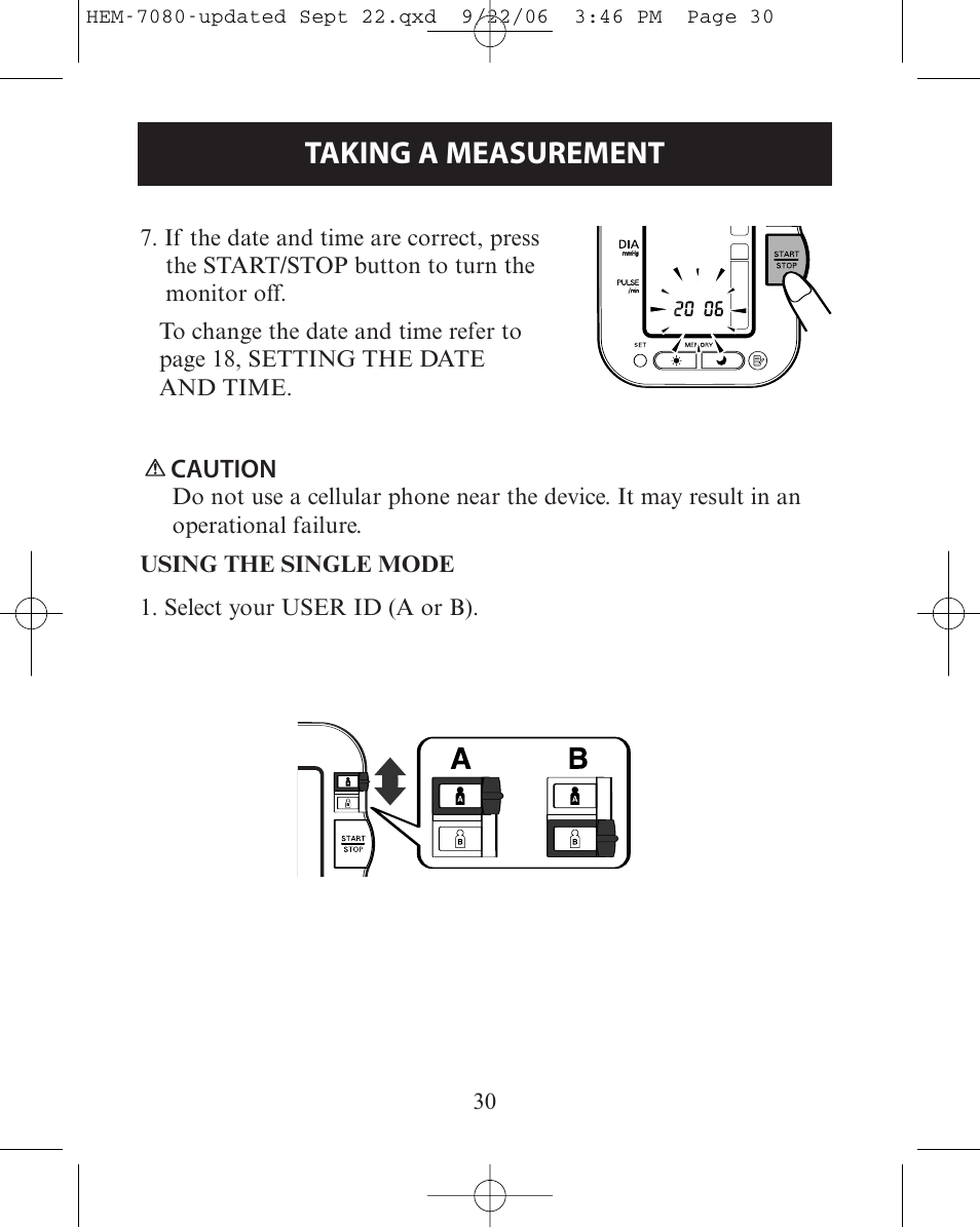 Using the single mode, Taking a measurement | Omron Healthcare COMFIT HEM-780 User Manual | Page 30 / 52