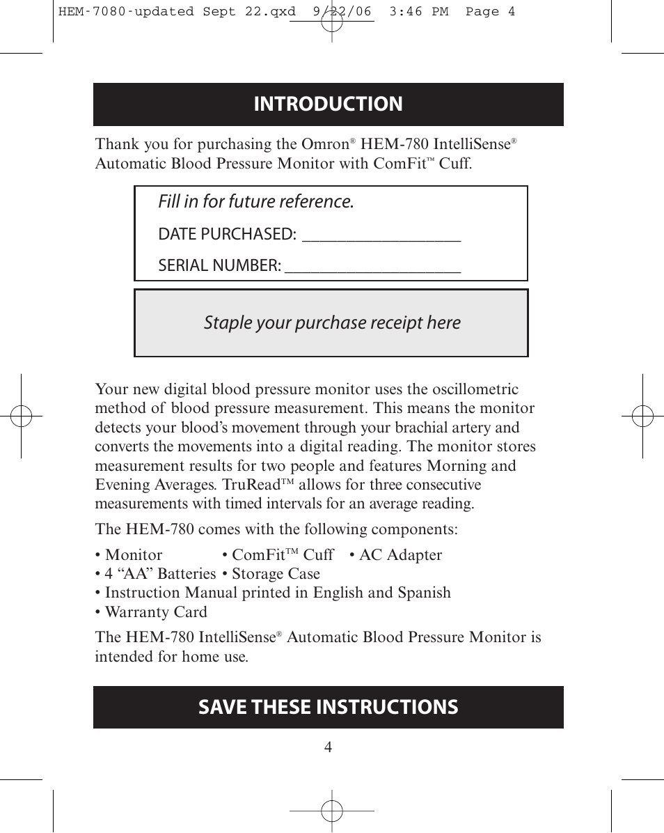 Before using the monitor, Introduction, Save these instructions | Fill in for future reference, Staple your purchase receipt here, Date purchased: __________________ serial number | Omron Healthcare COMFIT HEM-780 User Manual | Page 4 / 52