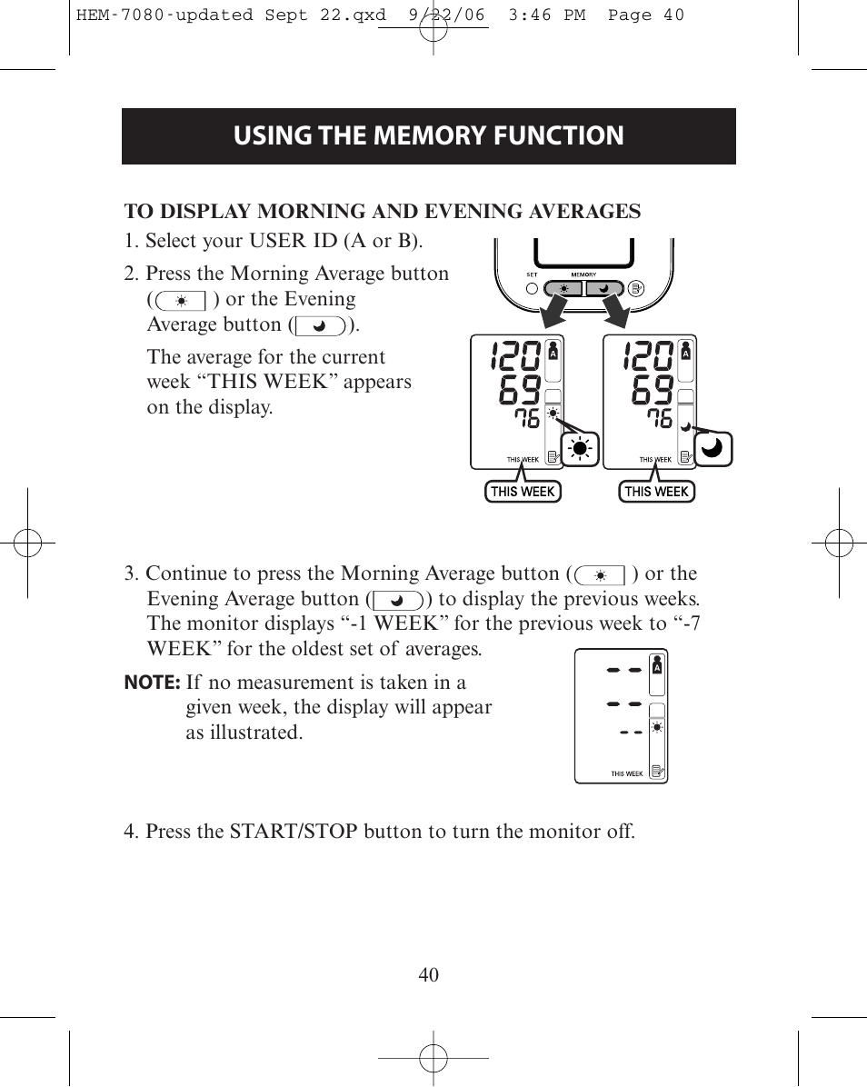 To display morning and eveni, To display morning and evening averages | Omron Healthcare COMFIT HEM-780 User Manual | Page 40 / 52