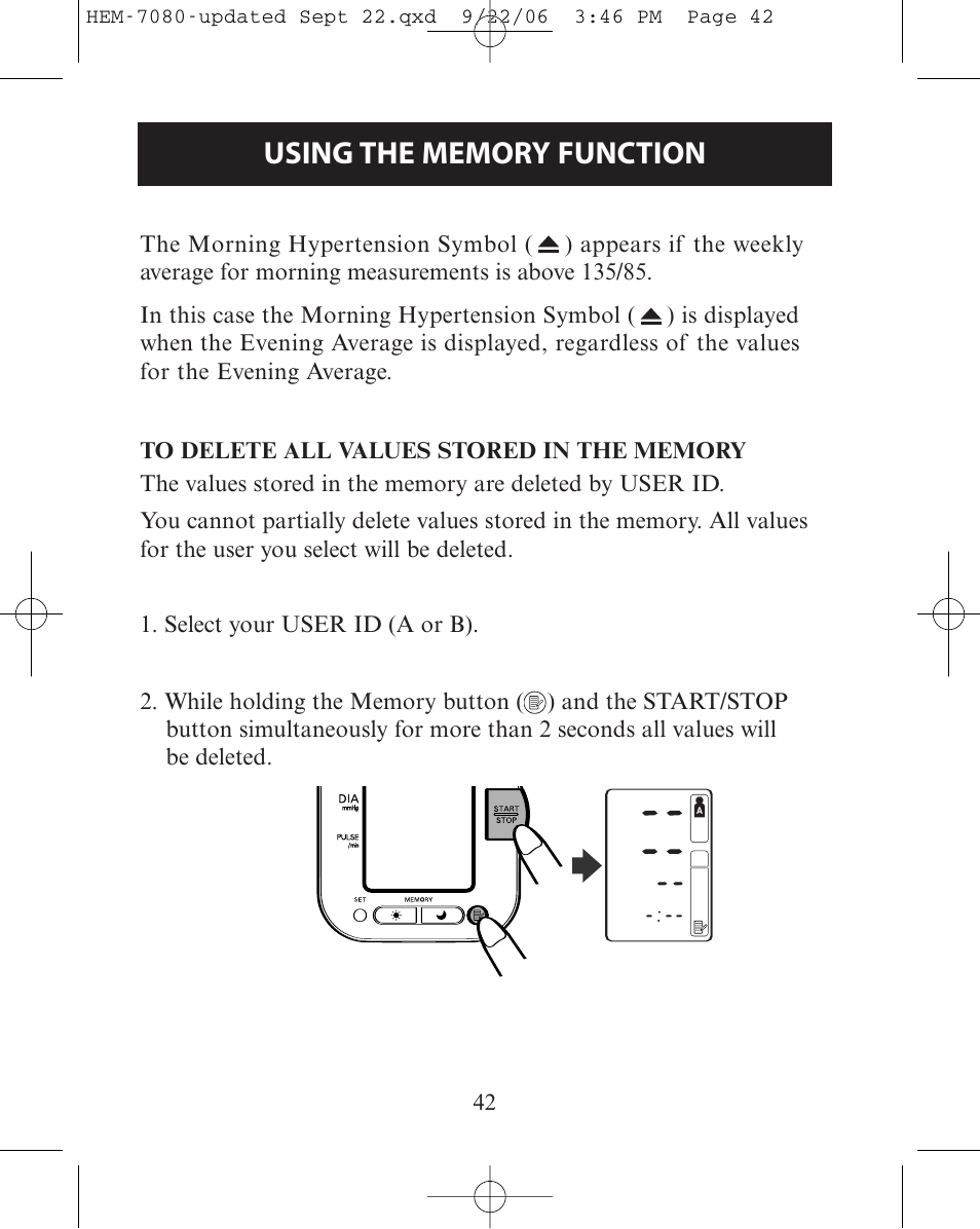 To delete all values stored, To delete all values stored in the memory | Omron Healthcare COMFIT HEM-780 User Manual | Page 42 / 52
