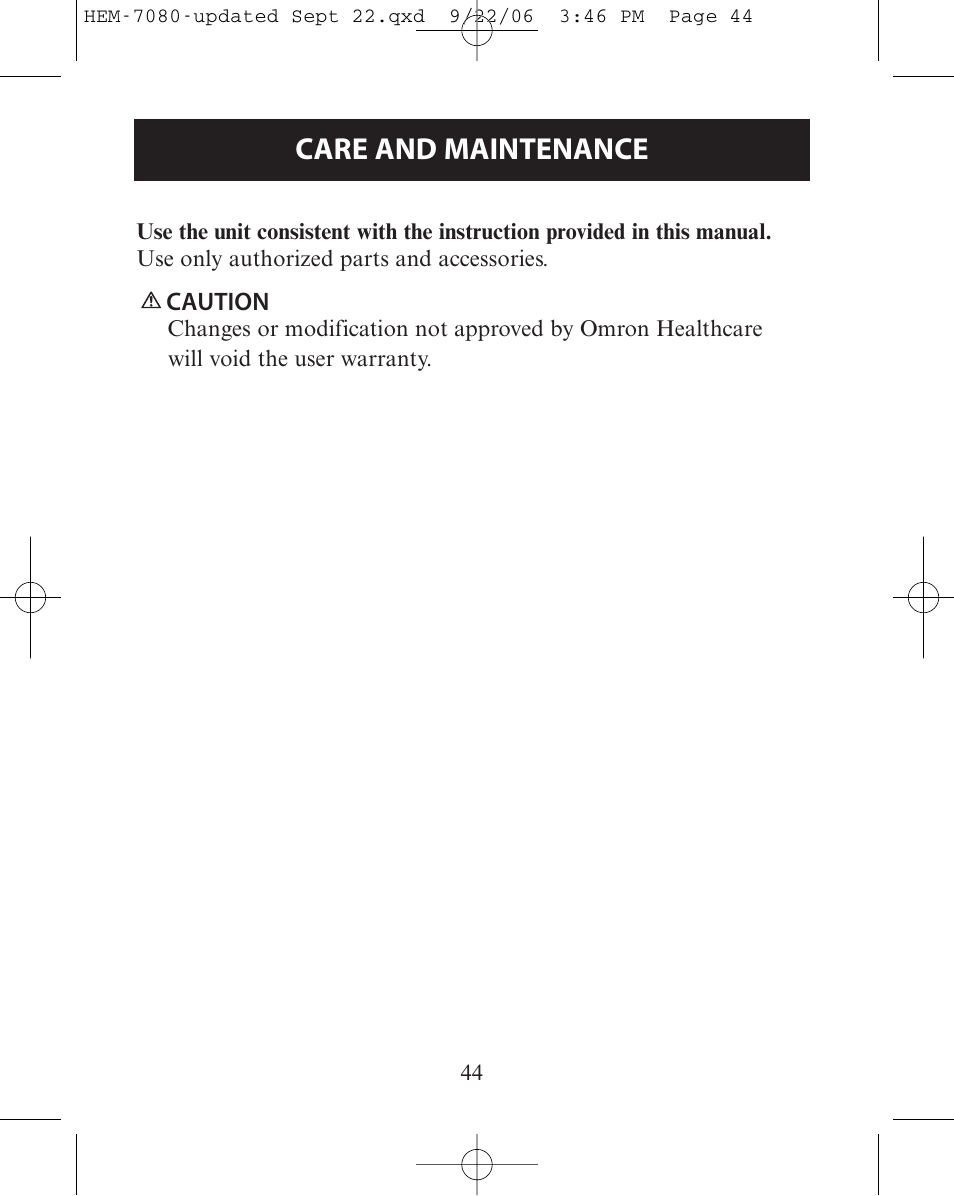 Care and maintenance | Omron Healthcare COMFIT HEM-780 User Manual | Page 44 / 52